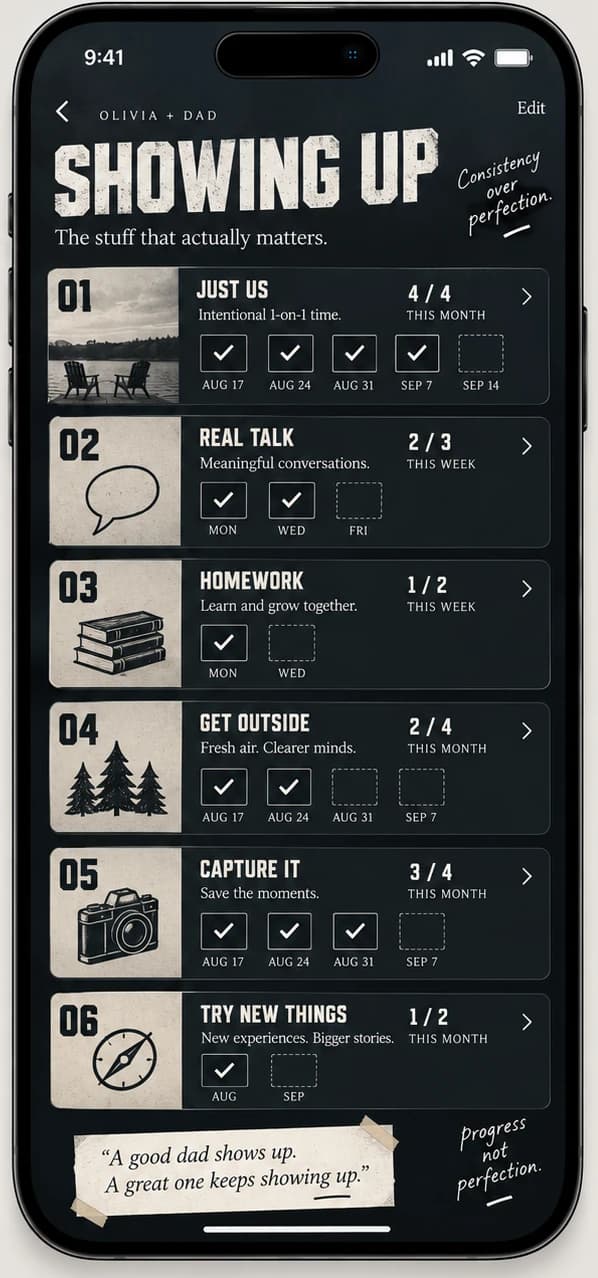 OMG Dad Showing Up habit tracker with completed activities and check marks