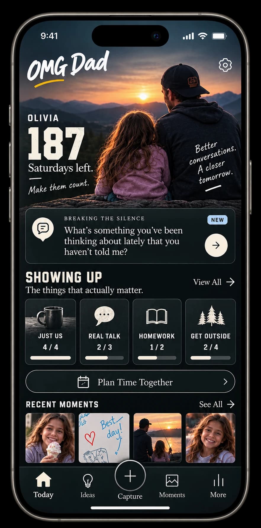 OMG Dad Today screen showing a countdown, conversation prompt, habits, and recent moments