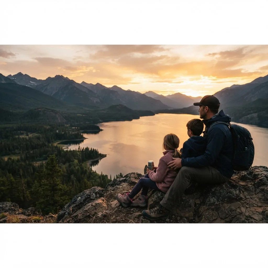 A dad and his two kids sharing a mountain sunset together.