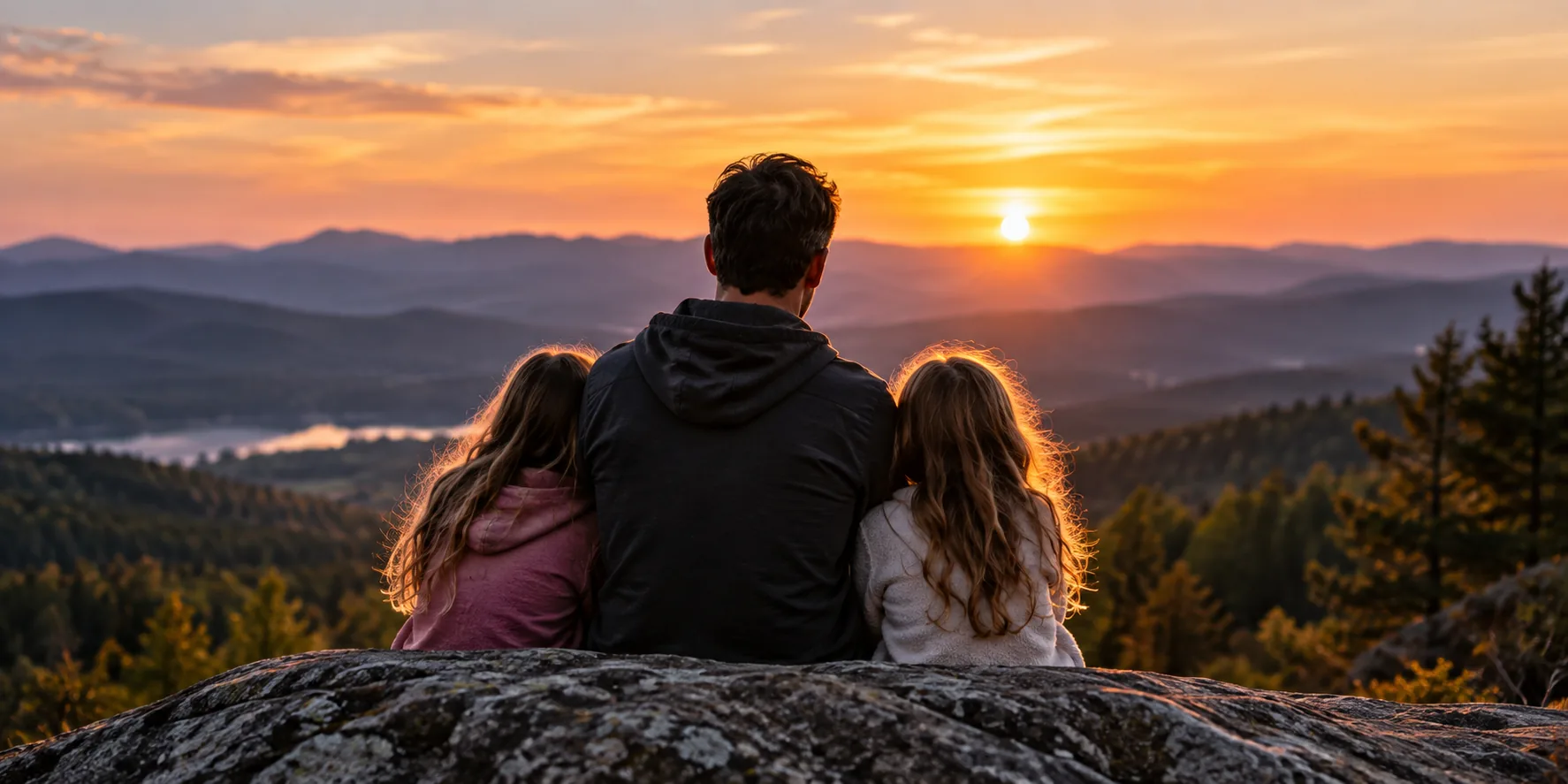 A dad and daughter sharing a quiet moment at sunset