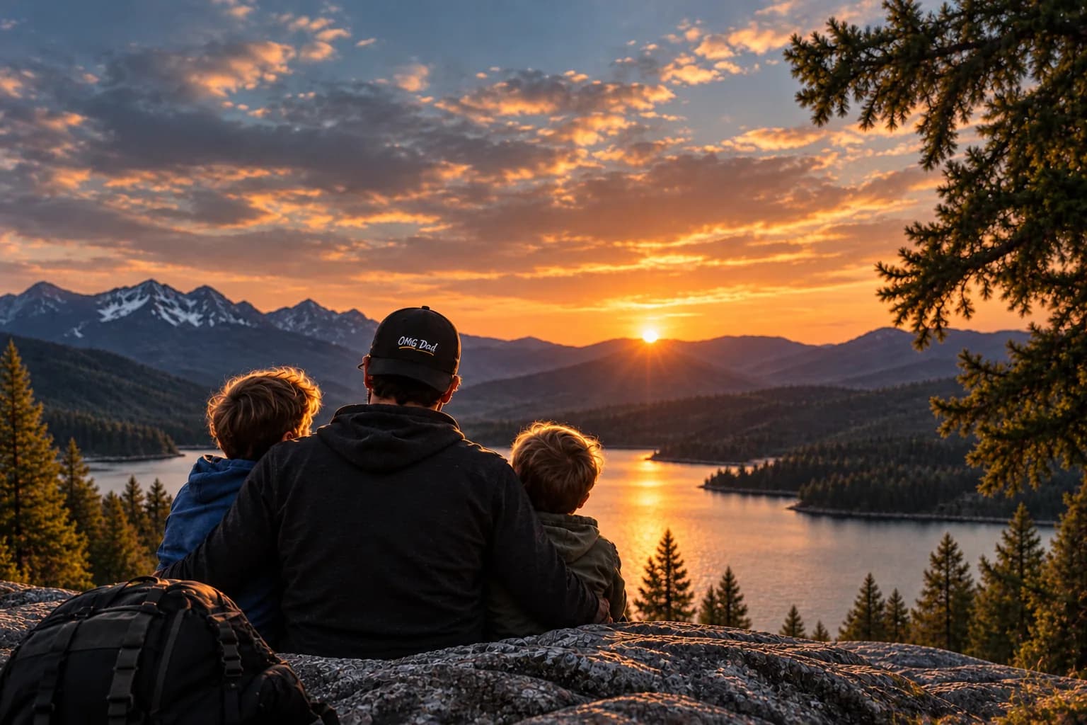 A dad with his two boys watching the sunset over a mountain lake
