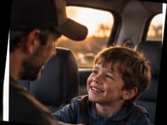 A dad and son talking together in the car