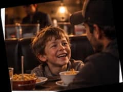 A boy laughing with his dad over dinner