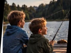 Two boys fishing together by the lake