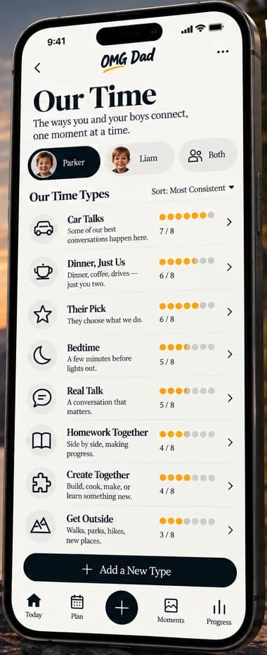OMG Dad Our Time app preview: track Car Talks, Dinner Just Us, Their Pick, Bedtime, Real Talk, Homework Together, Create Together, and Get Outside