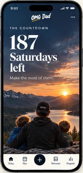 The Countdown screen showing 187 Saturdays left over a family sunset photograph