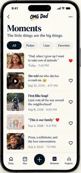 Moments screen with saved family photos, quotes, and memories