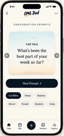 Conversation Prompts screen with a car talk question and topic choices