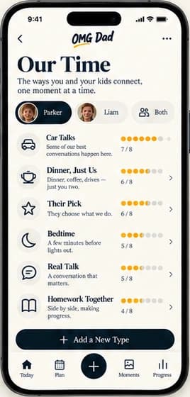 Our Time screen showing the ways a dad and his kids connect