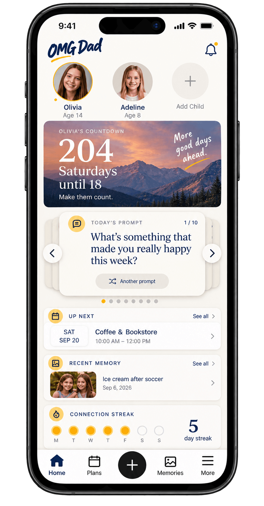 OMG Dad app showing child profiles, a childhood countdown, conversation prompt, upcoming plan, recent memory, and connection streak